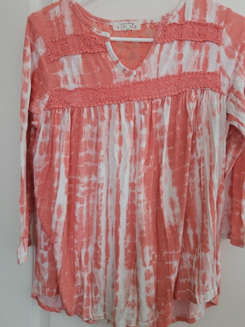 No Boundaries Coral and White Tie-Dye Crochet Yoke Tunic